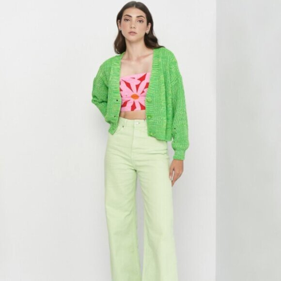 Stradivarius Green Cable Knit Cardigan Cropped - Picture 2 of 7